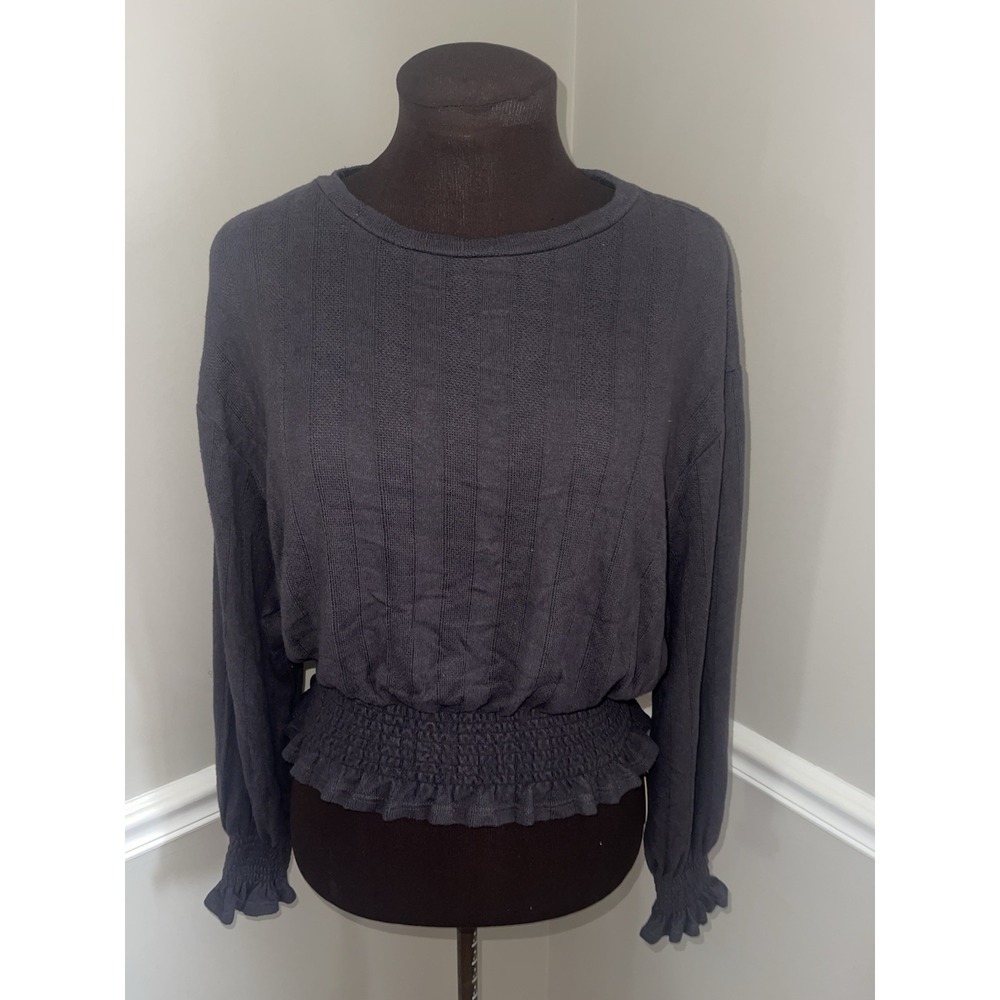 For The Republic Gray Smocked Waist‎ Ruffle Hem Ribbed Textured Shirt Womens M
